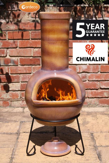 Gardeco Sempra large Chimalin AFC chimenea in glazed caramel, including lid & stand