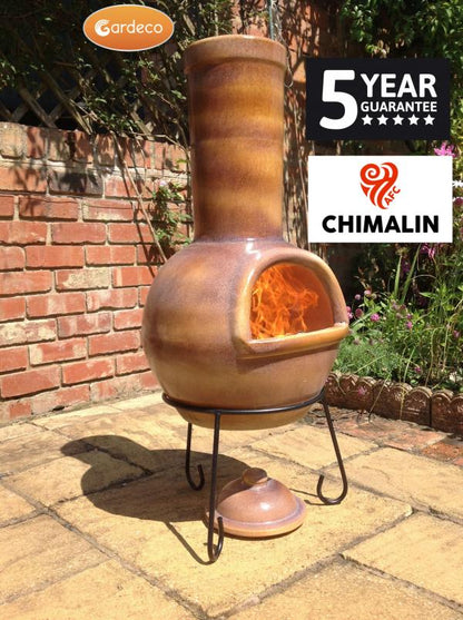 Gardeco Sempra large Chimalin AFC chimenea in glazed caramel, including lid & stand