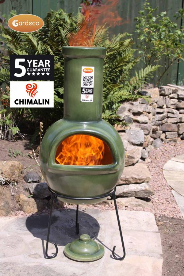 Gardeco Sempra large Chimalin AFC chimenea in glazed green, including lid & stand