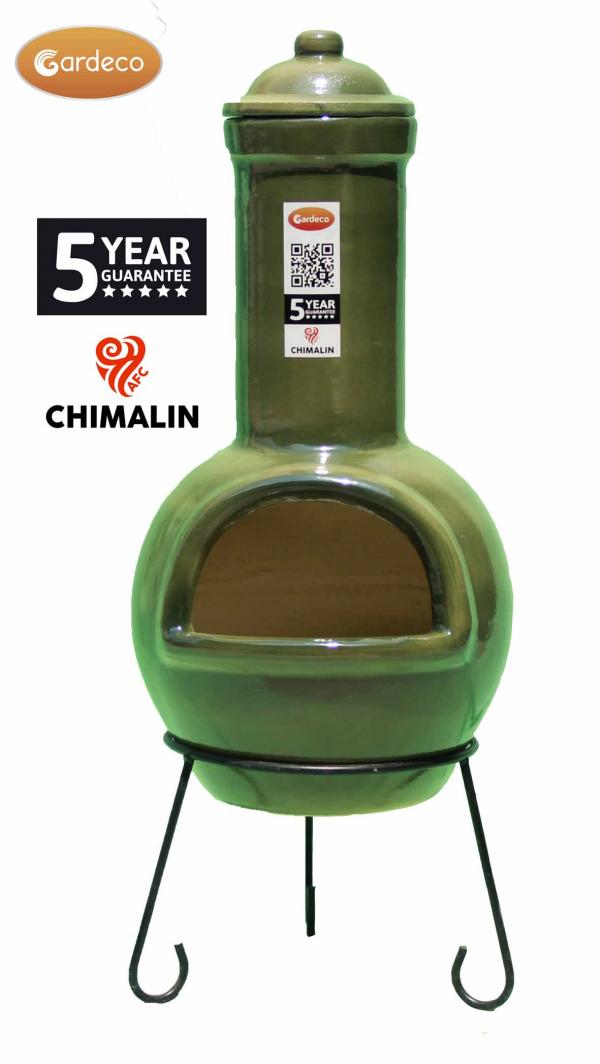 Gardeco Sempra large Chimalin AFC chimenea in glazed green, including lid & stand