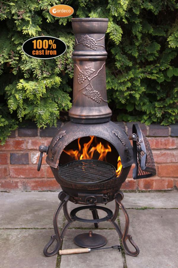 Gardeco Toledo large cast iron chimenea in bronze with grapes