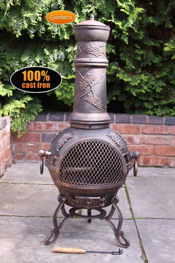 Gardeco Toledo large cast iron chimenea in bronze with grapes