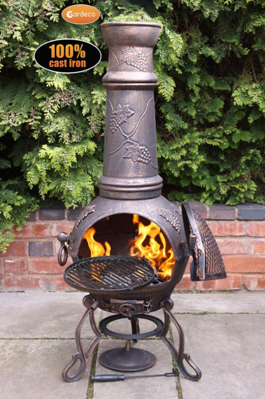 Gardeco Toledo XL cast iron chimenea in bronze with grapes